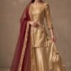Royal Gold 3-Piece Silk Short Kurti Sharara Dress | Wedding Wear
