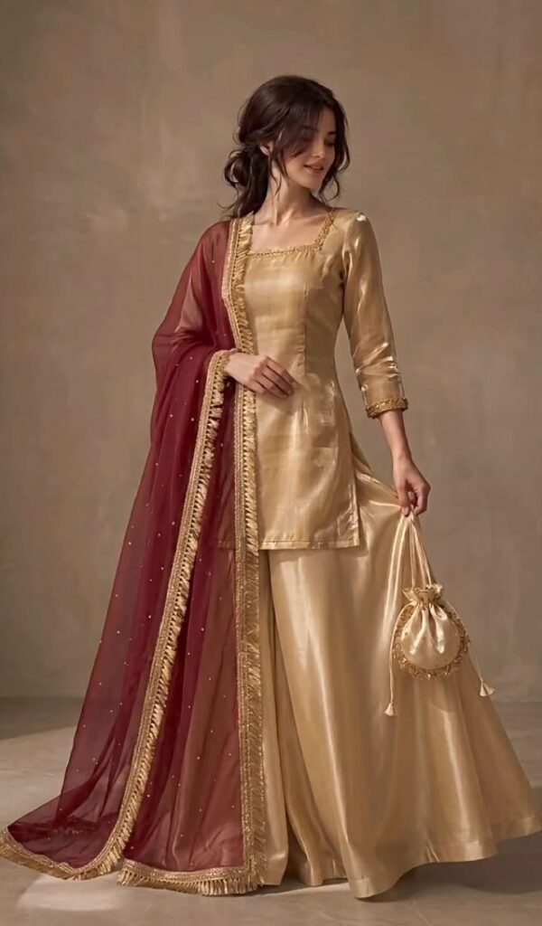 Royal Gold 3-Piece Silk Short Kurti Sharara Dress | Wedding Wear