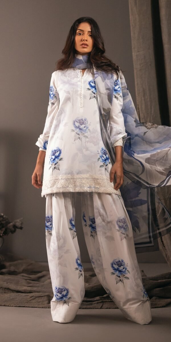 Aqua Bloom Poly Lawn Embroidered Dress | Stitched & Unstitched