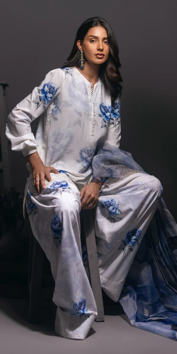 Aqua Bloom Poly Lawn Embroidered Dress | Stitched & Unstitched