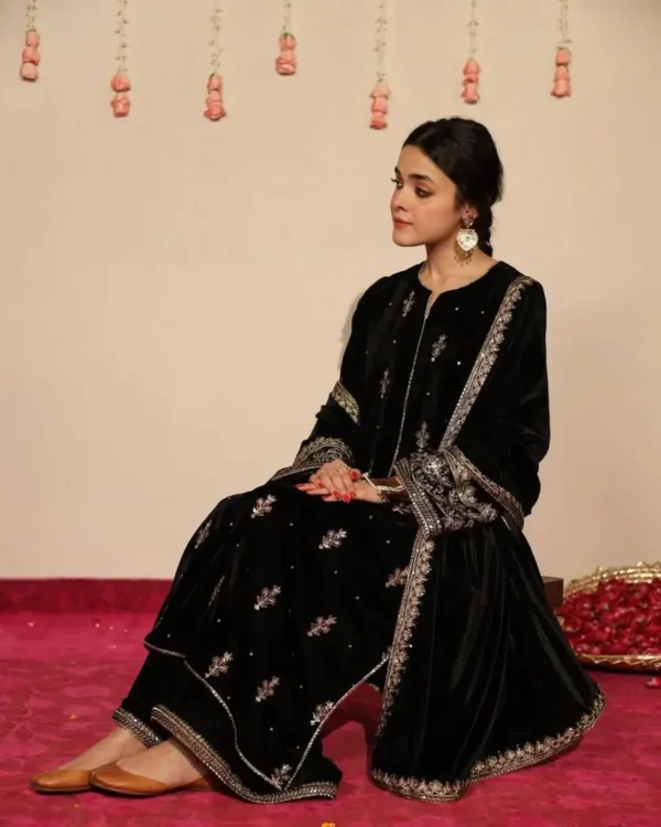 Article Name-Siyah GulMaterial- 3-Piece Embroidered Velvet DressDupatta- Matching Velvet Embroi (1) Siyah Gul velvet 3-Piece Embroidered Dress | Stitched Winter Outfit