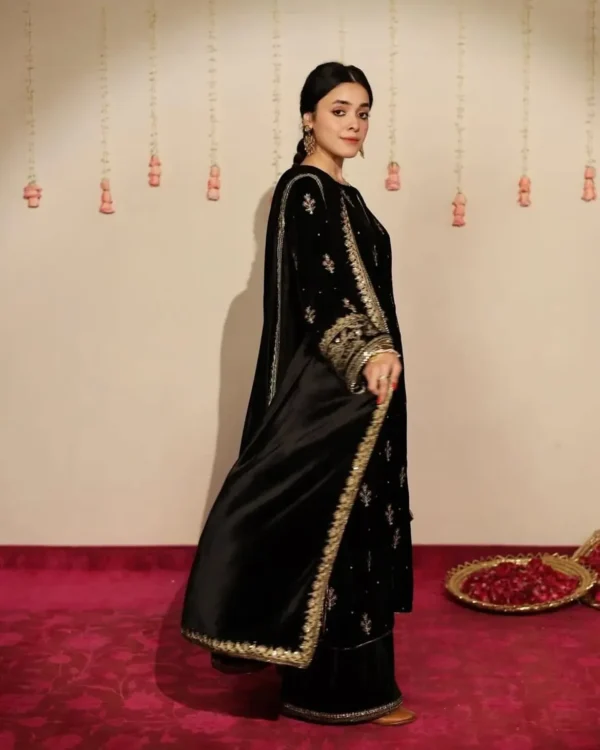 Article Name-Siyah GulMaterial- 3-Piece Embroidered Velvet DressDupatta- Matching Velvet Embroi (2) Siyah Gul velvet 3-Piece Embroidered Dress | Stitched Winter Outfit