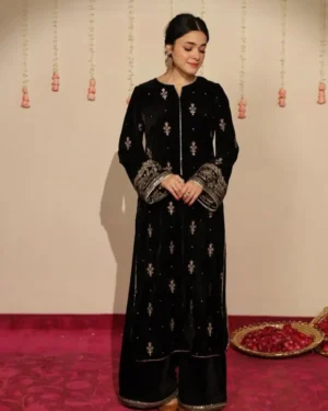 Article Name-Siyah GulMaterial- 3-Piece Embroidered Velvet DressDupatta- Matching Velvet Embroi Siyah Gul velvet 3-Piece Embroidered Dress | Stitched Winter Outfit
