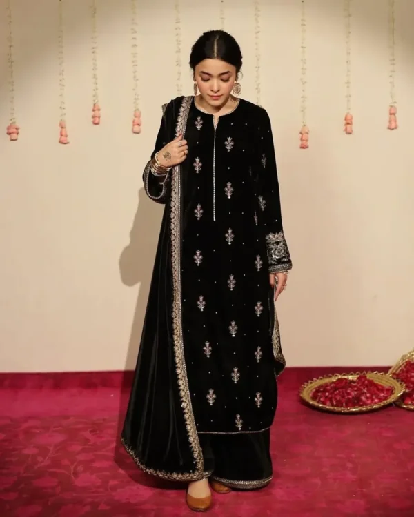 Article Name-Siyah GulMaterial- 3-Piece Embroidered Velvet DressDupatta- Matching Velvet Embroi (4) Siyah Gul velvet 3-Piece Embroidered Dress | Stitched Winter Outfit
