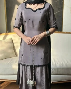 Ayla Grey Tassel Silk Embroidered Dress | Stitched & Unstitched