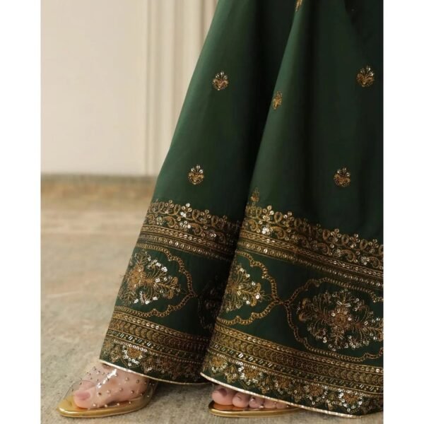 Bottle Green Tilla & Sequins Embroidered Dress | Stitched & Unstitched