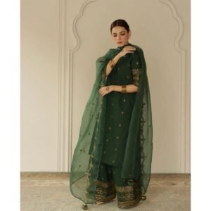 Bottle Green Tilla & Sequins Embroidered Dress | Stitched & Unstitched