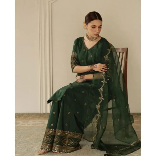 Bottle Green Tilla & Sequins Embroidered Dress | Stitched & Unstitched