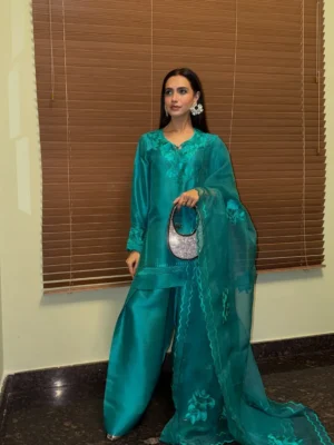 Jade Flora Silk Embroidered Dress | Stitched & Unstitched