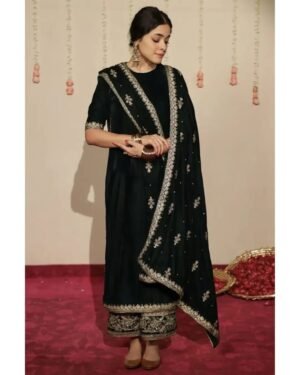 Opal Green Velvet Embroidered Dress | Stitched & Unstitched