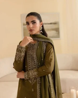 Olive 1 Olive SILK 3-Piece Tilla & Sequin Embroidered Dress | Stitched & Unstitched