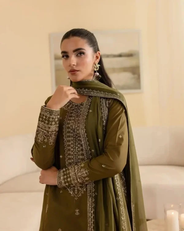 Olive SILK 3-Piece Tilla & Sequin Embroidered Dress | Stitched & Unstitched