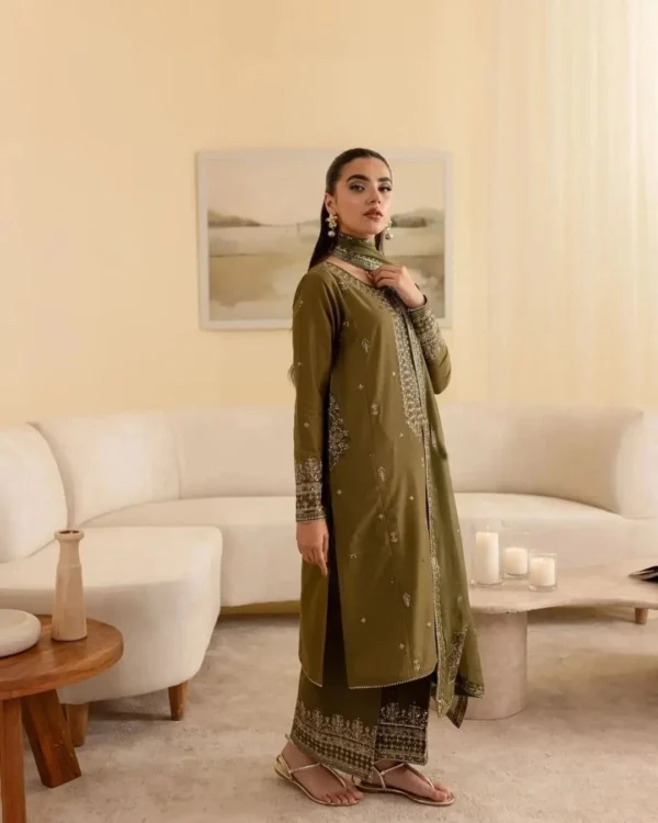 Olive SILK 3-Piece Tilla & Sequin Embroidered Dress | Stitched & Unstitched