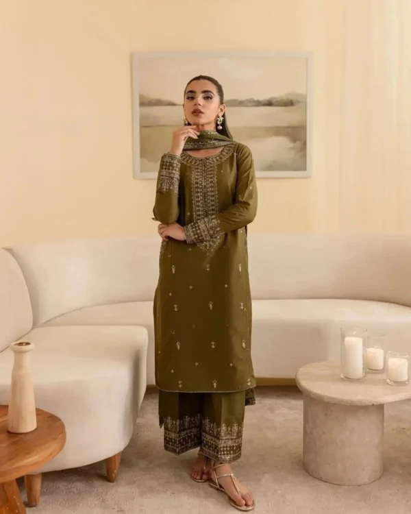 Olive SILK 3-Piece Tilla & Sequin Embroidered Dress | Stitched & Unstitched