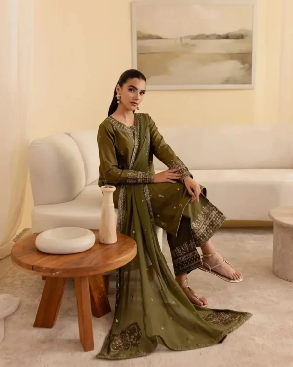 Olive SILK 3-Piece Tilla & Sequin Embroidered Dress | Stitched & Unstitched