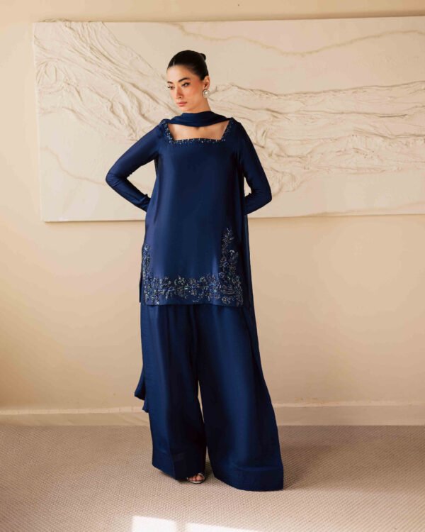 Royal Blue Silk Hand-Embroidered Farshi Shalwar Dress | Stitched & Unstitched