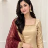 Royal Gold 3-Piece Silk Short Kurti Sharara Dress | Wedding Wear