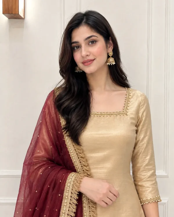 Royal Gold 3-Piece Silk Short Kurti Sharara Dress | Wedding Wear