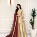 Royal Gold 3-Piece Silk Short Kurti Sharara Dress | Wedding Wear