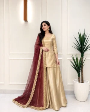 Royal Gold 3-Piece Silk Short Kurti Sharara Dress | Wedding Wear