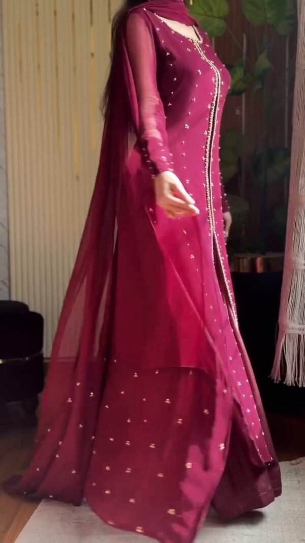 pose_2.jpg Berry 4-Piece Long Handwork Dress | Stitched & Unstitched