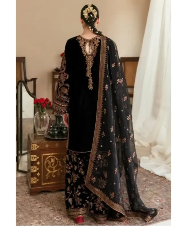 Article Name- Shadow Elegence Material- 3 pieces velvet embroidery dressDupatta- Organza with e (1) Shadow Elegance 3-Piece Velvet Embroidered Dress | Stitched