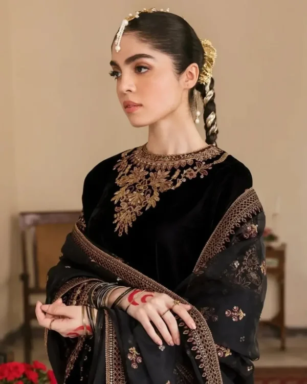 Article Name- Shadow Elegence Material- 3 pieces velvet embroidery dressDupatta- Organza with e (2) Shadow Elegance 3-Piece Velvet Embroidered Dress | Stitched