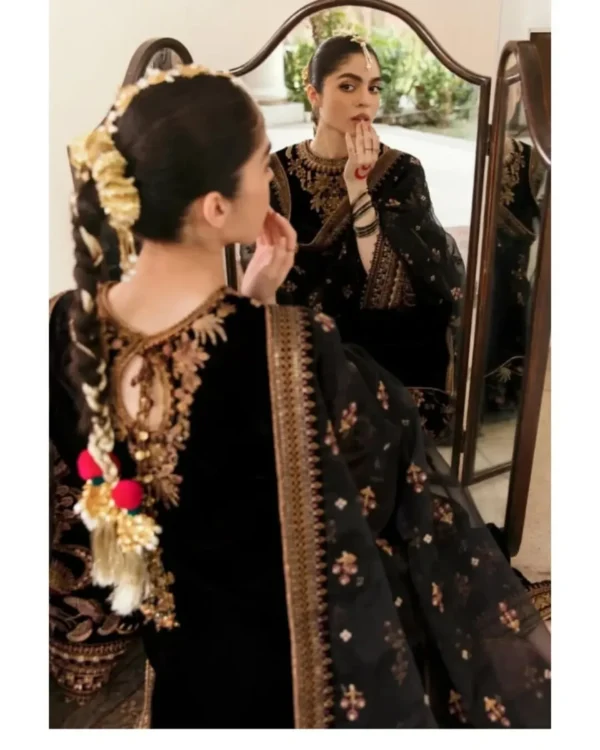 Article Name- Shadow Elegence Material- 3 pieces velvet embroidery dressDupatta- Organza with e (3) Shadow Elegance 3-Piece Velvet Embroidered Dress | Stitched