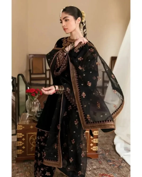 Article Name- Shadow Elegence Material- 3 pieces velvet embroidery dressDupatta- Organza with e Shadow Elegance 3-Piece Velvet Embroidered Dress | Stitched