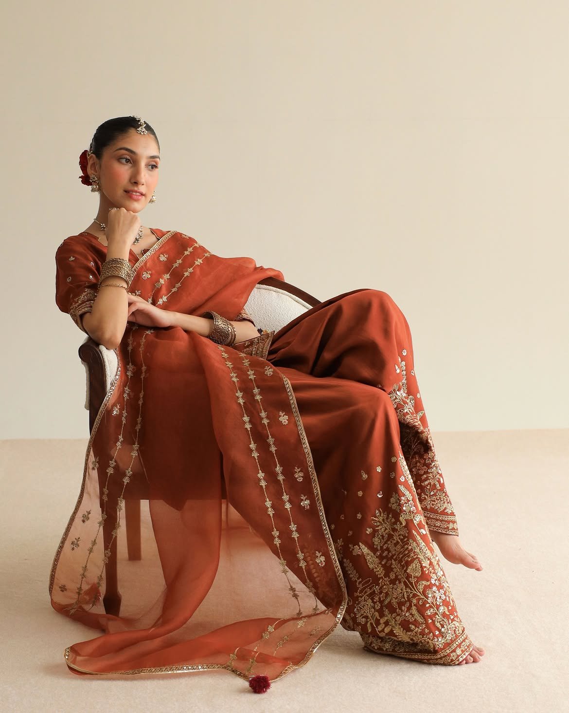 Copper Rose (DHANAK) 3-Piece Tilla & Sequins Ensemble | Stitched & Unstitched - Image 3