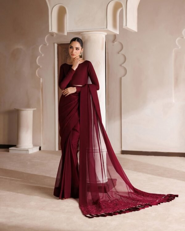 Burgundy (Chiffon) Saree 4-Piece Saree Ensemble | Stitched & Unstitched