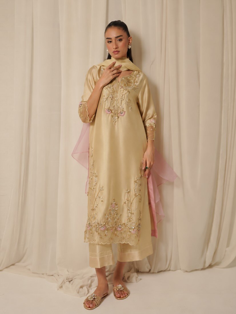 Caramel Rose (SILK) 3-Piece Handworked Ensemble | Stitched & Unstitched - Image 2