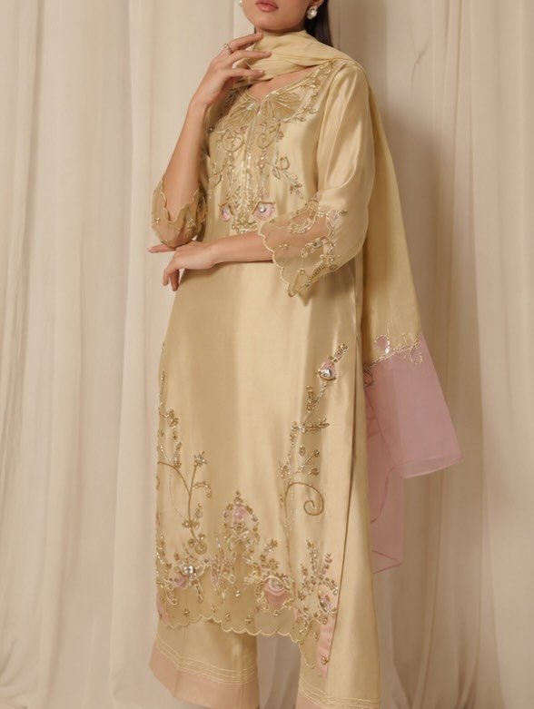 Caramel Rose (SILK) 3-Piece Handworked Ensemble | Stitched & Unstitched - Image 3