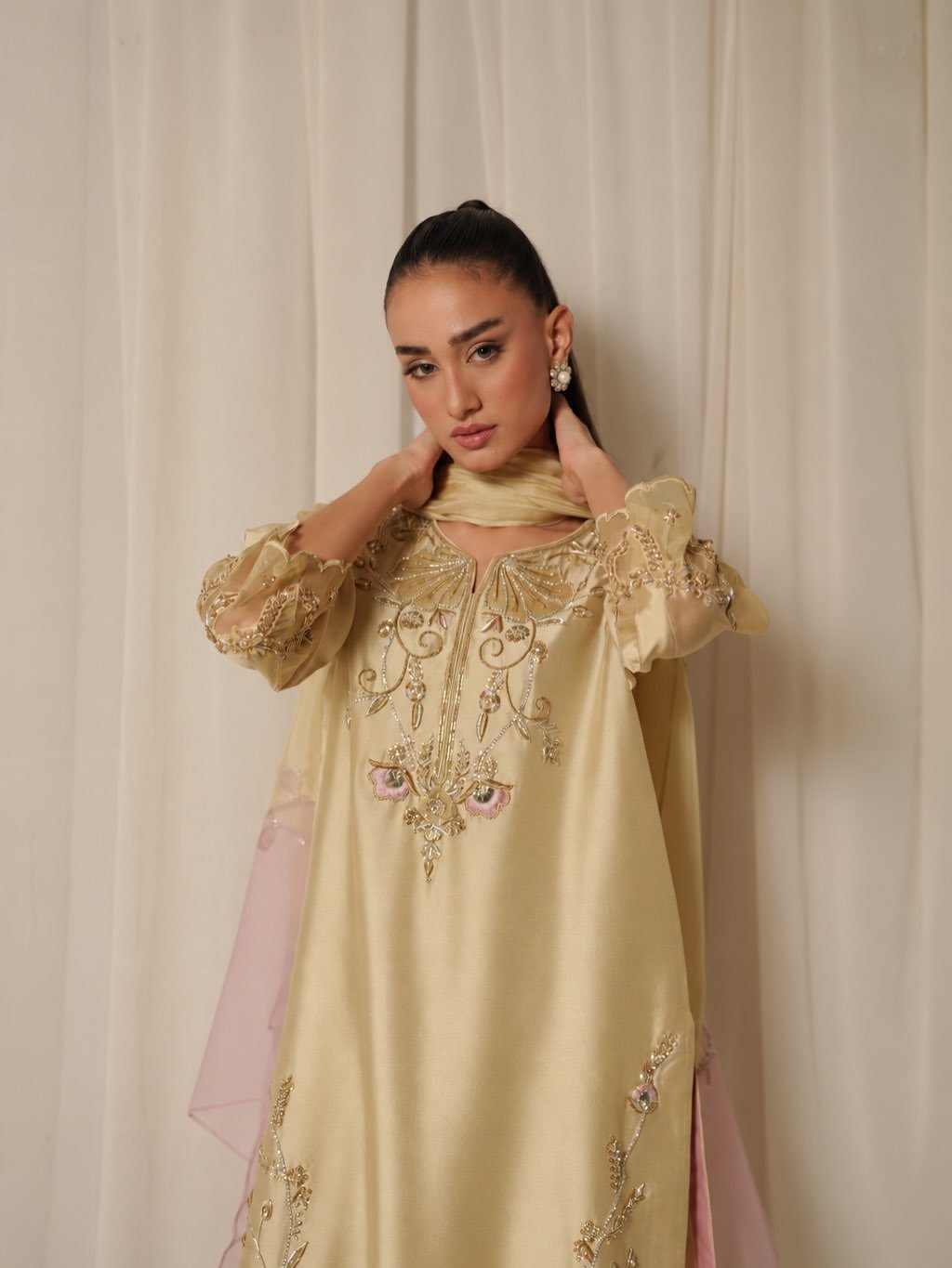 Caramel Rose (SILK) 3-Piece Handworked Ensemble | Stitched & Unstitched - Image 4
